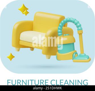 Furniture cleaning professional sofa washing and stain removing service 3d icon design Stock Vector