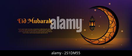 Islamic Background with dark 3d crescent and lantern with orange light Stock Vector