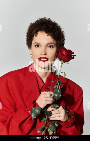 Confident young woman in a red outfit holds a rose, creating a striking image. Stock Photo