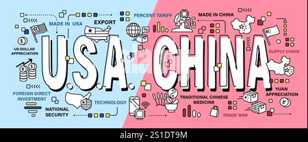 United states of america vs China . Word and outline icon on solid color background . Competition and Conflict of both country . Vector . Stock Vector