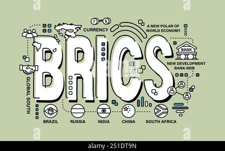 BRICS . Association of 5 countries . Word and outline icon on solid color background . Vector . Stock Vector