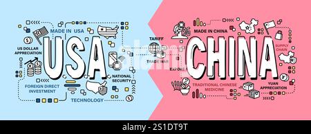 United states of america vs China . Word and outline icon on solid color background . Competition and Conflict of both country . Vector . Stock Vector