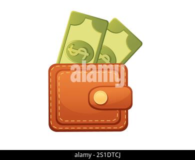 Leather wallet filled with dollar bills, representing budgeting, saving, and personal finance. Great for financial, shopping, and lifestyle themes. Ve Stock Vector