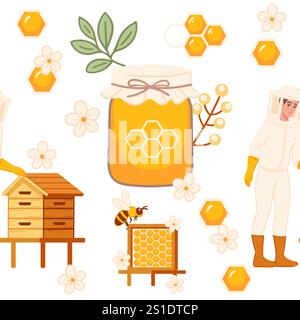 Seamless honey pattern with honey jars, flowers, bees, and hives, representing beekeeping and nature's beauty. Perfect for food packaging, agricultura Stock Vector