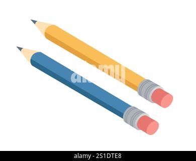 Two isometric pencils in yellow and blue with erasers, writing, creativity, and education. Suitable for office, school, and artistic visuals. Vector i Stock Vector