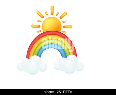 Rainbow arching over two clouds with a shining sun above, representing hope or bright future. Suitable for inspirational, weather, or children themes. Stock Vector