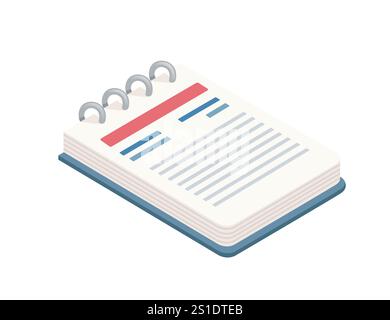 Isometric spiral-bound notebook with a red and blue layout, organization and note-taking. Suitable for educational, business, and productivity themes. Stock Vector