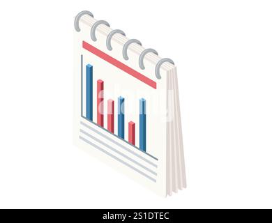 Isometric spiral-bound notebook with a bar chart, data analysis, business growth, and statistics. Ideal for finance, analytics, and educational purpos Stock Vector