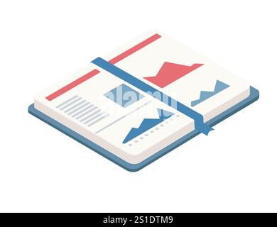 Isometric notebook with a blue ribbon bookmark and graph elements, research, information, and project management. Great for business and organizationa Stock Vector