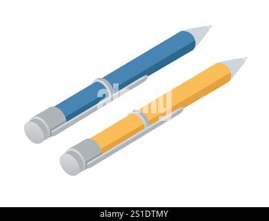 Isometric pens in blue and yellow with metallic details, creativity and productivity. Perfect for educational, artistic, and office-related visuals. V Stock Vector