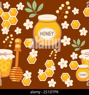 Seamless pattern with honey jars, honeycombs, and floral elements on a brown background, symbolizing organic and artisanal themes. Great for packaging Stock Vector