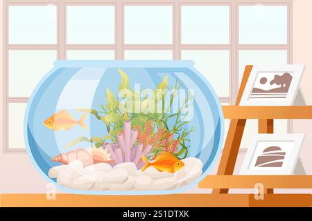 Round fish bowl with aquatic plants and fish, placed beside a decorative stand, representing home decor and relaxation. Suitable for lifestyle, pet ca Stock Vector