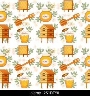 Beekeeping seamless pattern with jars of honey, beehives, and honeycombs, representing nature, agriculture, and honey production. Perfect for organic Stock Vector