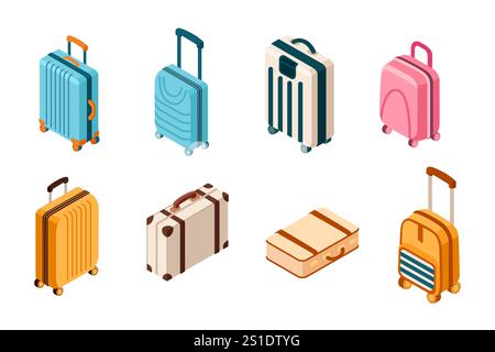 Collection of travel suitcases and bags in various colors and designs. Isometric style. Suitable for travel, tourism, and holiday themes. Vector illus Stock Vector