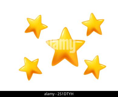 Group of five shining golden stars, perfect for ratings, achievements, or decorative celestial themes. Suitable for both digital and print projects. V Stock Vector