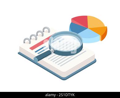 Isometric style notebook with a magnifying glass and pie chart, symbolizing data analysis, research, and reporting. Perfect for finance, education, an Stock Vector