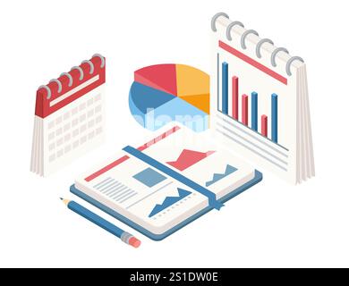 Isometric style collection of stationery items including a calendar, notebook, pie chart, and pencil. Perfect for organization, scheduling, and produc Stock Vector