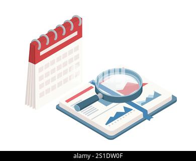 Isometric style spiral-bound calendar and notebook with a magnifying glass, symbolizing research, planning, and scheduling. Perfect for office, educat Stock Vector