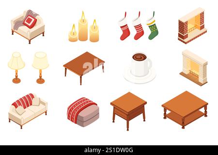Isometric design of cozy home decor items sofas, candles, stockings, and a fireplace, representing warmth and relaxation. Ideal for holiday, interior Stock Vector