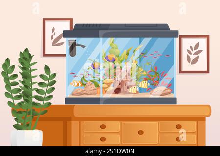 Large aquarium with tropical fish, plants, and a castle ornament on a wooden cabinet, representing a stylish indoor aquarium setup. Ideal for home dec Stock Vector