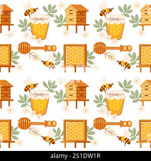 Seamless pattern with honey jars, beehives, and bees, representing natural honey production and agriculture. Perfect for organic food and eco-friendly Stock Vector