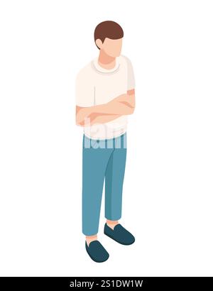 Isometric man standing casually with his arms crossed, symbolizing a relaxed or informal stance. Ideal for representing casual workplace interactions Stock Vector