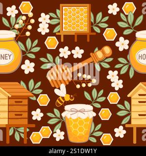 Seamless pattern honey with jars, honeycombs, bees, and flowers, representing organic, natural production. Great for artisanal, natural products, and Stock Vector
