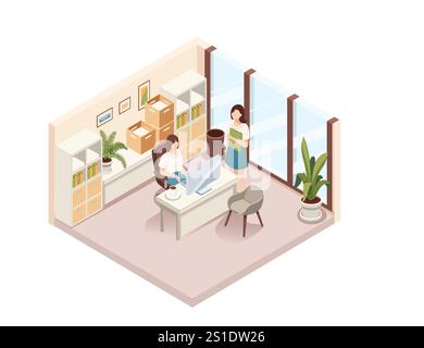 Isometric collaborative office setting with two people discussing in a modern workspace. Teamwork, communication, and productivity. Ideal for business Stock Vector