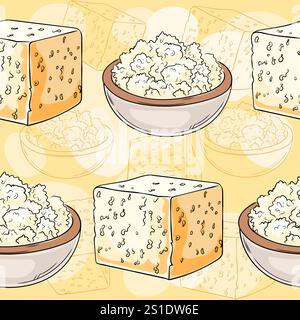 Hand drawn seamless pattern featuring bowls of cottage cheese and blocks of feta cheese on a warm yellow backdrop. Perfect for dairy product branding Stock Vector