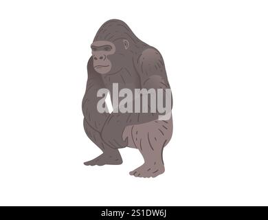 Stocky adult grey gorilla sitting on two legs. Wild monkey or ape. Cartoon animal design. Vector illustration isolated on white background. Stock Vector