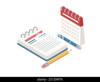 Isometric style stationery items like a notebook, calendar, pen, and pencil, symbolizing organization, planning, and productivity. Ideal for education Stock Vector