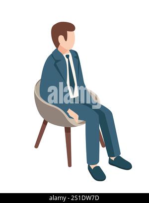 Isometric man in a suit seated in a modern chair, conveying professionalism and confidence. Ideal for business, corporate, and executive visuals. Vect Stock Vector