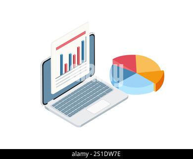 Isometric style open laptop with a pie chart and data graph, representing data analysis, business reporting, and digital work. Suitable for finance, b Stock Vector