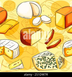 A colorful hand drawn seamless pattern of cheese , including brie, cheddar, and blue cheese, on a vibrant yellow background. Ideal for food packaging Stock Vector