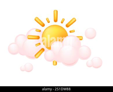 Bright sun emerging from soft pink clouds, conveying warmth and optimism. Perfect for morning themes, weather icons, or sunny day illustrations. Vecto Stock Vector