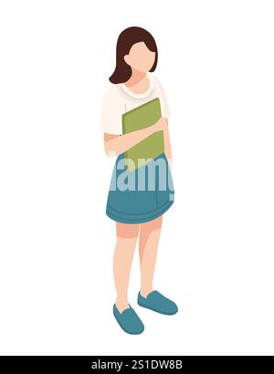 Isometric woman standing and holding a book or folder, symbolizing learning, preparation, or casual work. Suitable for education, organization, and wo Stock Vector