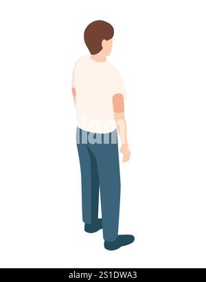 Isometric man standing with his back partially turned, suggesting movement or introspection. Suitable for business, waiting, or contemplation themes. Stock Vector
