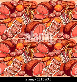 Seamless pattern of assorted smoked meats, featuring ham, sausages, and bacon. Great for food packaging, deli promotions, and culinary designs. Vector Stock Vector