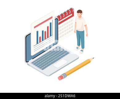 Isometric style digital workspace with a laptop, calendar, and a person with a pencil. Planning, data analysis, and productivity. Suitable for busines Stock Vector