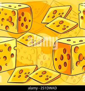 Hand drawn seamless pattern of Swiss cheese cubes and slices on a bright yellow background, ideal for food packaging, culinary branding, or kitchen de Stock Vector
