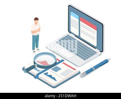 Isometric style office setting with a laptop, magnifying glass, notebook, and a person, representing analysis, productivity, and teamwork. Ideal for b Stock Vector