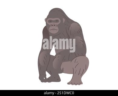 Stocky adult grey gorilla. Wild monkey or ape. Cartoon animal design. Vector illustration isolated on white background. Stock Vector
