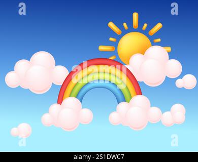 Bright sun, rainbow, and fluffy clouds on a blue gradient background, symbolizing positivity and brightness. Perfect for weather apps and cheerful des Stock Vector