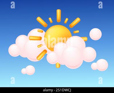 Bright sun shining through clouds on a clear blue sky, symbolizing warmth and positivity. Great for weather applications, outdoor themes, and optimist Stock Vector