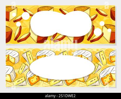 Cheese frame illustration with cottage cheese, Swiss cheese, and feta in bowls and blocks. Blank space in the center suitable for recipes or labels. V Stock Vector