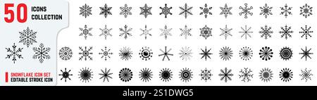 Set of 50+ Editable Stroke Snowflake Icons Winter, Holiday, Christmas New Year Design Collection, Snowflake thin line icon collection Stock Vector