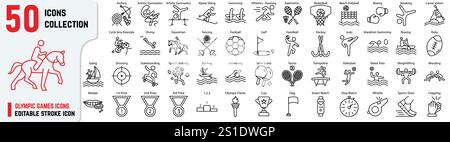 Sports games related editable stroke icons includes athlete, running, swimming, basketball, boxing, ski, Sports 50+ thin icon collections Stock Vector
