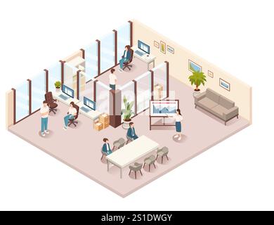 Isometric collaborative office space with multiple employees working in an open-plan area. Teamwork, productivity, and modern workspace design. Ideal Stock Vector