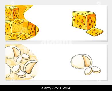 Various cheese types like brie and cheddar arranged in a pattern with central blank area, creating a colorful cheese-themed frame for branding or adve Stock Vector