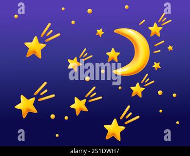 Golden stars and crescent moon on a purple background with clouds and sparkles, creating a magical night scene. Ideal for fairy tales, celestial theme Stock Vector